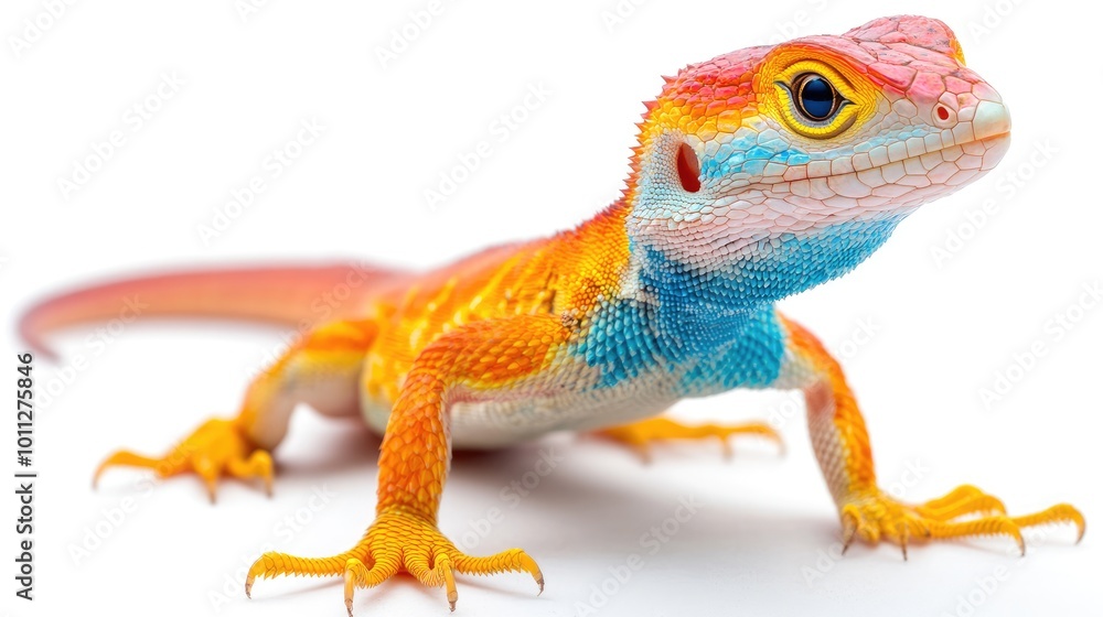 Fototapeta premium A Beautiful bright lizard, bright colors, long tail, bright shining eyes, isolated on white background