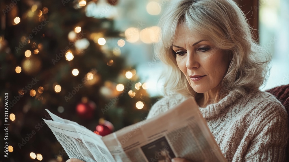 Tree-adorned home sets scene for news-reading woman. Tree-adorned home sets scene for news-reading woman.