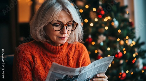 Holiday spirit surrounds woman reading news.