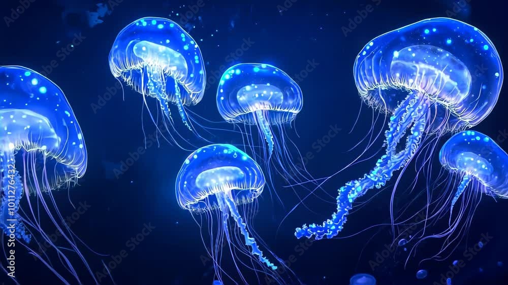 A vibrant depiction of glowing jellyfish in a dark ocean setting. A vibrant depiction of glowing jellyfish in a dark ocean setting.