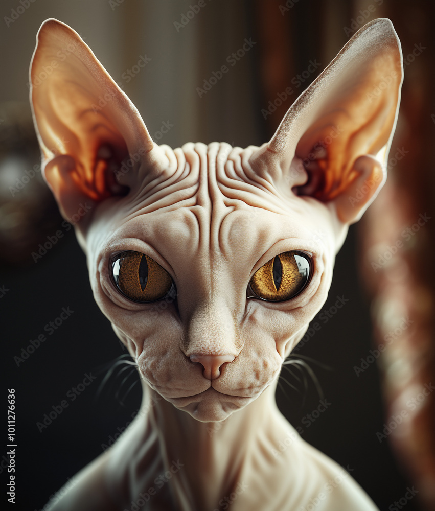 An extreme close-up of a hyperrealistic female Sphynx cat with striking yellow eyes, intense gaze, and detailed skin texture, creating a slightly eerie, yet refined and high-end look. An extreme close-up of a hyperrealistic female Sphynx cat with striking yellow eyes, intense gaze, and detailed skin texture, creating a slightly eerie, yet refined and high-end look.