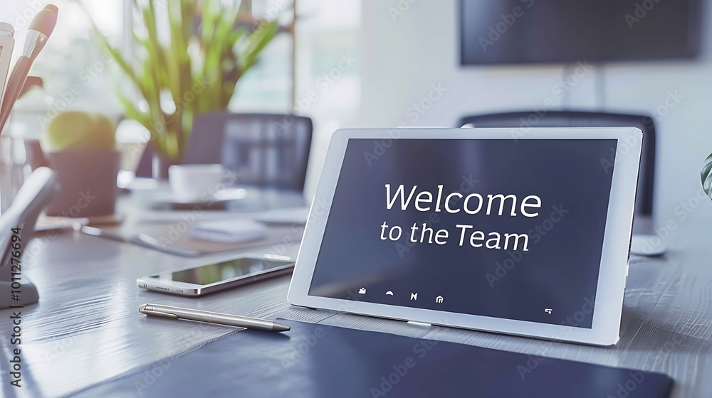 A digital welcome message on a tablet in a modern office setting, promoting team integration.