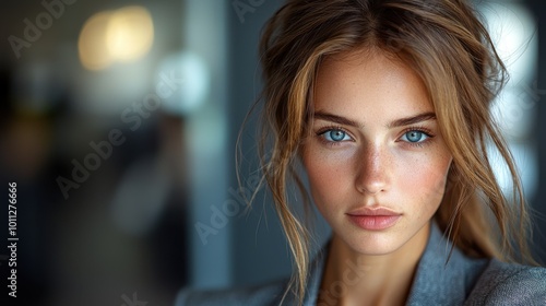 A young woman with striking blue eyes poses elegantly in a softly lit indoor setting during the daytime