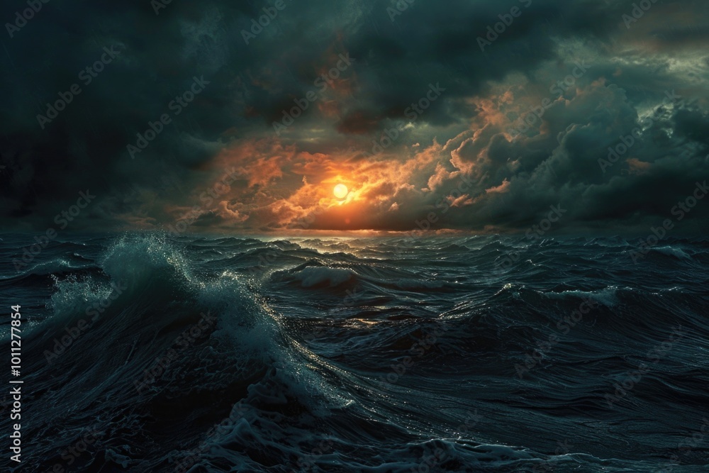 Fototapeta premium Dark Sea. Stormy Sunset on the Ocean with Dramatic Cloudy Sky