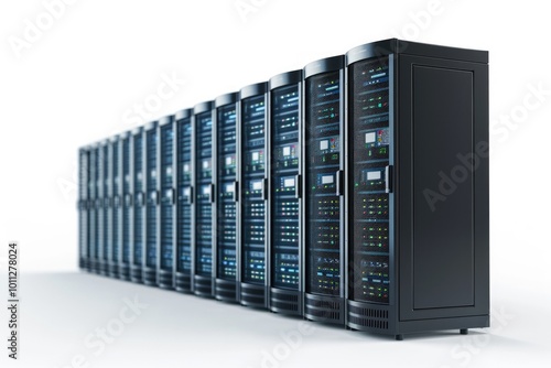 Data Isolated On White. Network Server Row in Data Center 3D Illustration