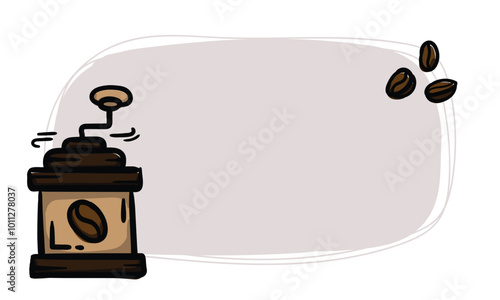 Simple vector sticker with coffee grinder and coffee beans. Template for price tag, label. Hand drawn illustration. Icons signs and symbols for design