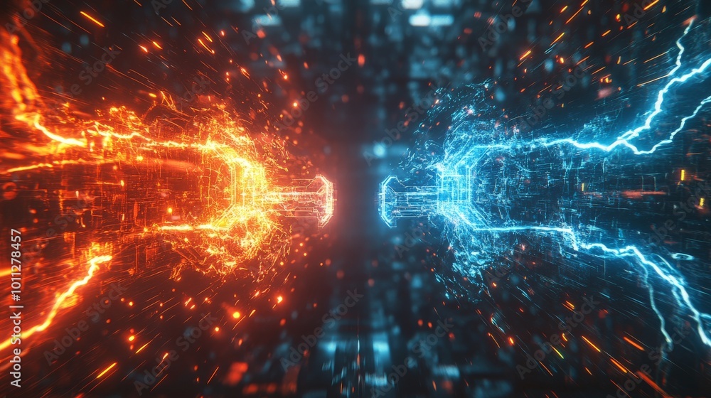 Holographic Versus Logo with Neon Lightning Flashes for Cyber Sport Tournament Screen Holographic Versus Logo with Neon Lightning Flashes for Cyber Sport Tournament Screen