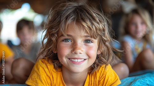 Smiling child with tousled hair enjoying a carefree moment indoors during a sunny afternoon with friends nearby