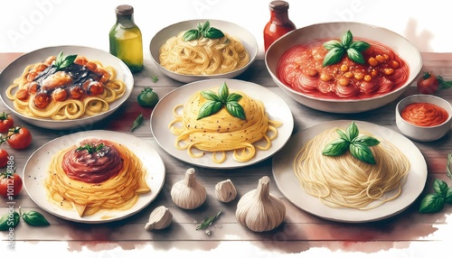 Wallpaper Mural collection of delicious Italian pasta in watercolor painting style Torontodigital.ca