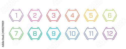 Numbers 1-12 in colored hexagons. 1-12 hours concept for business, education world