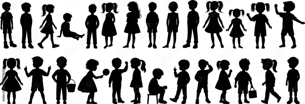 Children silhouette, kid vector set, boy, girl, kids standing, playing, walking, interacting, different poses, kids silhouette set, child activities, group of children isolated figures Children silhouette, kid vector set, boy, girl, kids standing, playing, walking, interacting, different poses, kids silhouette set, child activities, group of children isolated figures