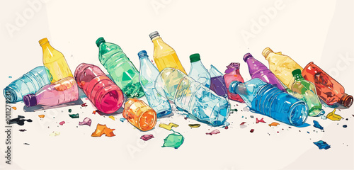 Vector drawing of crumpled plastic bottles, plastic trash .Generative AI