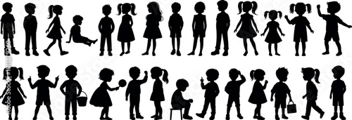 Children silhouette, kid vector set, boy, girl, kids standing, playing, walking, interacting, different poses, kids silhouette set, child activities, group of children isolated figures