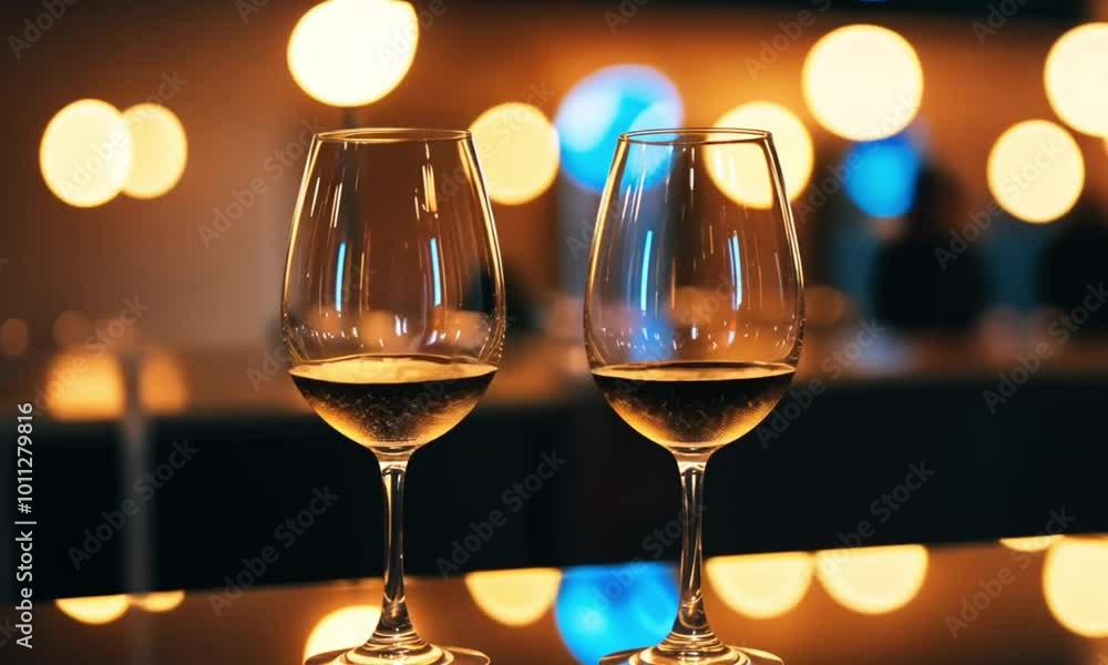 two luxury glasses filled with wine on a wooden table in a luxury restaurant two luxury glasses filled with wine on a wooden table in a luxury restaurant