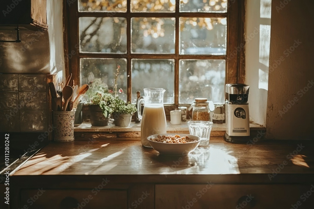 Fototapeta premium A Simple Breakfast Spread with a View of Autumn Foliage