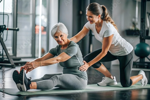 Personal trainer assisting senior woman with a stretch during a workout session. Indoor fitness class, personalized care, gentle exercise for flexibility and healthy aging