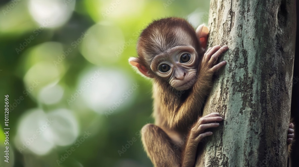 Fototapeta premium A young monkey clinging to a tree with large, expressive eyes, in a forest setting.
