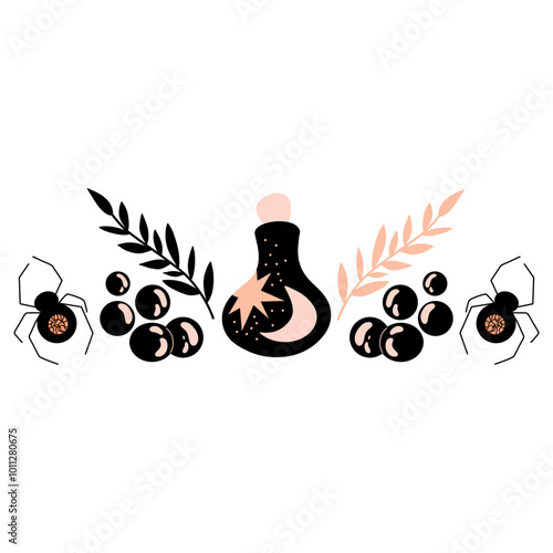 Magic flask surrounded by twigs, spiders and pearls vector illustration
