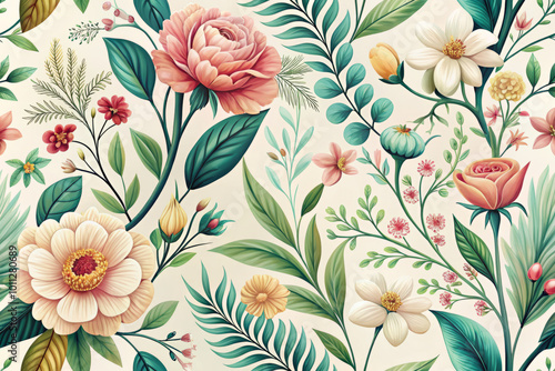 Botanical blooms featuring variety of flowers and leaves create vibrant and harmonious design on soft cream background, evoking sense of tranquility and beauty