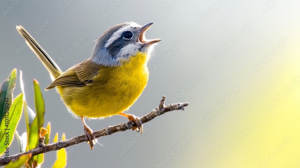 Obraz premium Little bird perched on a leafy branch with soft green light in the background.