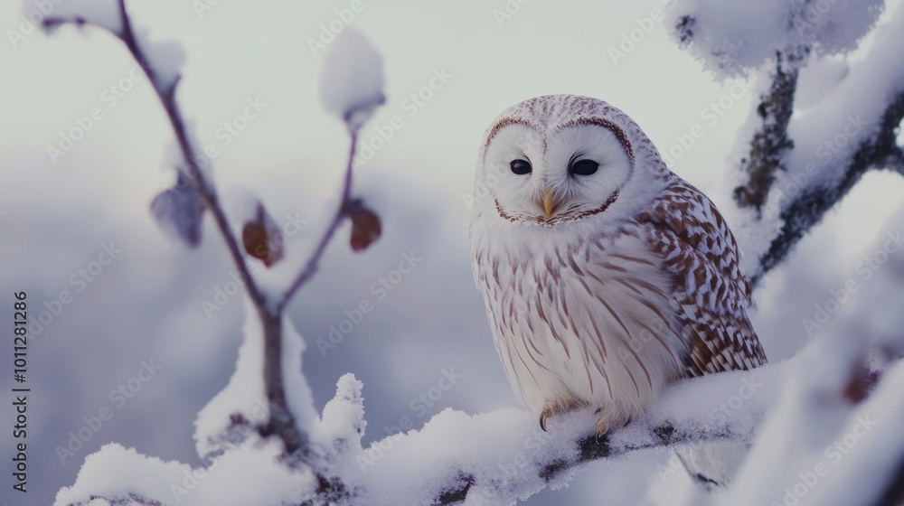 Fototapeta premium A white owl perched on a snow-covered branch in a serene winter landscape, surrounded by frosted trees.