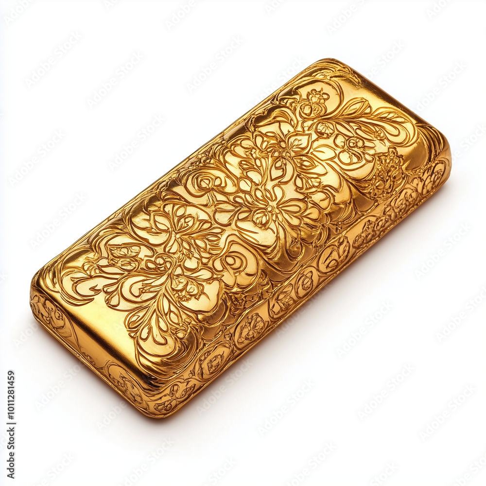 Fototapeta premium A single gold ingot with intricate designs, isolated on a white background, bright and even lighting, simple and clean composition 