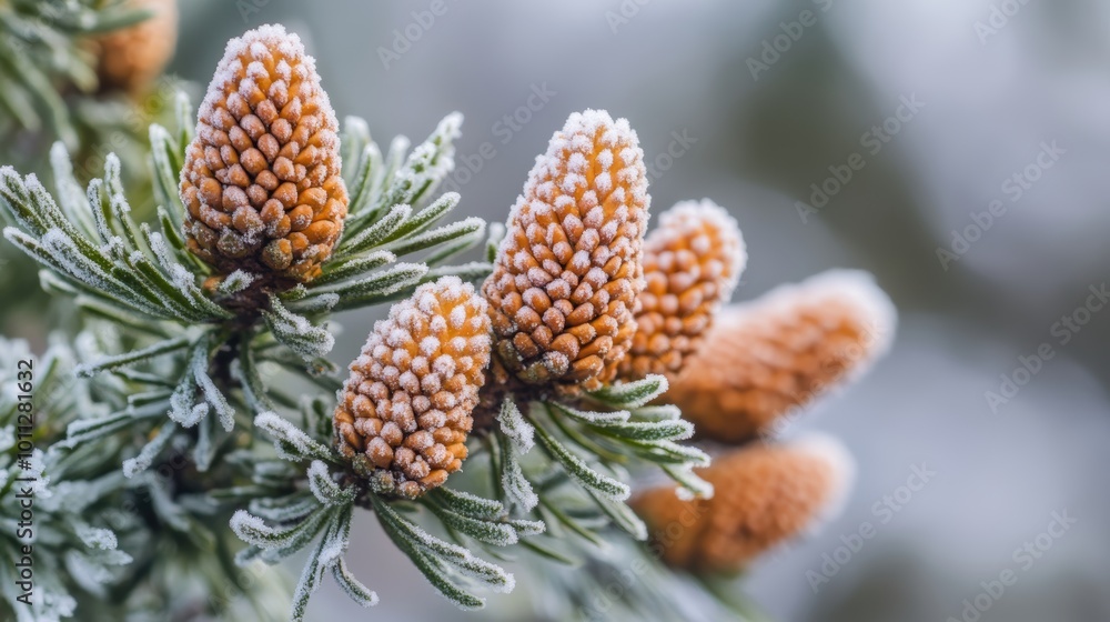 Frosty pine cones stand out against a backdrop of snowy green branches, creating a close-up winter nature scene. Frosty pine cones stand out against a backdrop of snowy green branches, creating a close-up winter nature scene.