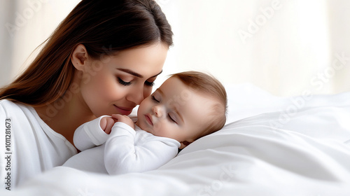 A young woman takes care of a newborn baby.