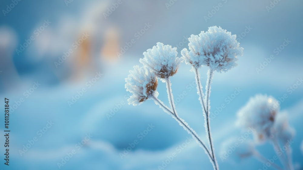 Frost-covered flowers stand in a snowy field, illuminated by the warm golden light of a winter sunrise. Frost-covered flowers stand in a snowy field, illuminated by the warm golden light of a winter sunrise.