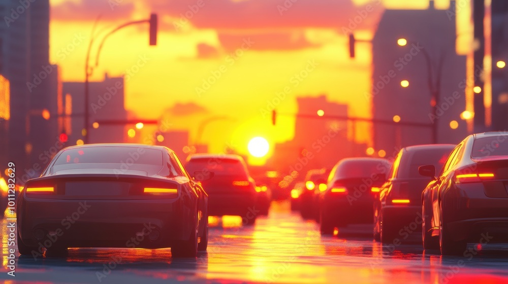 Sunset view over city traffic, urban skyline in background. Evening commute concept Sunset view over city traffic, urban skyline in background. Evening commute concept