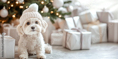 A cute fluffy puppy in a christmas hat sitting on the ground against an Christmas tree with silver decor photo