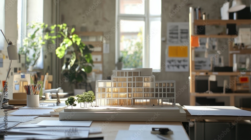 Architectural model on desk in bright design studio. Professional workspace concept. Architectural model on desk in bright design studio. Professional workspace concept.