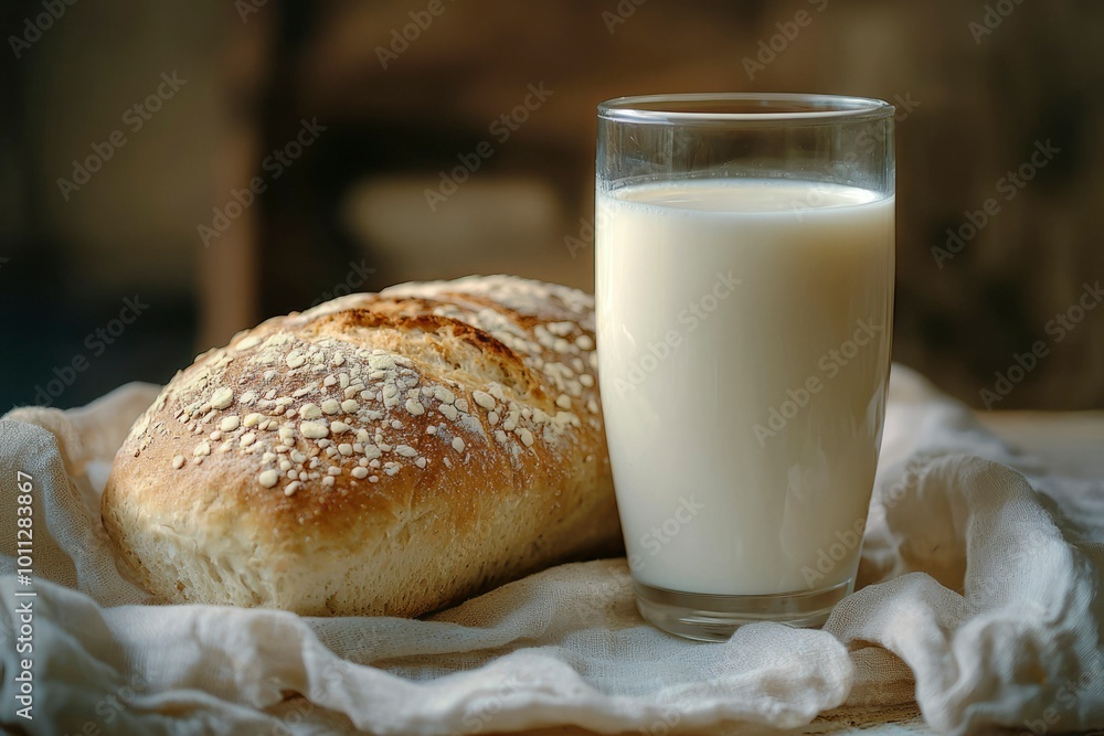 A Loaf of Bread and a Glass of Milk on a White Cloth A Loaf of Bread and a Glass of Milk on a White Cloth