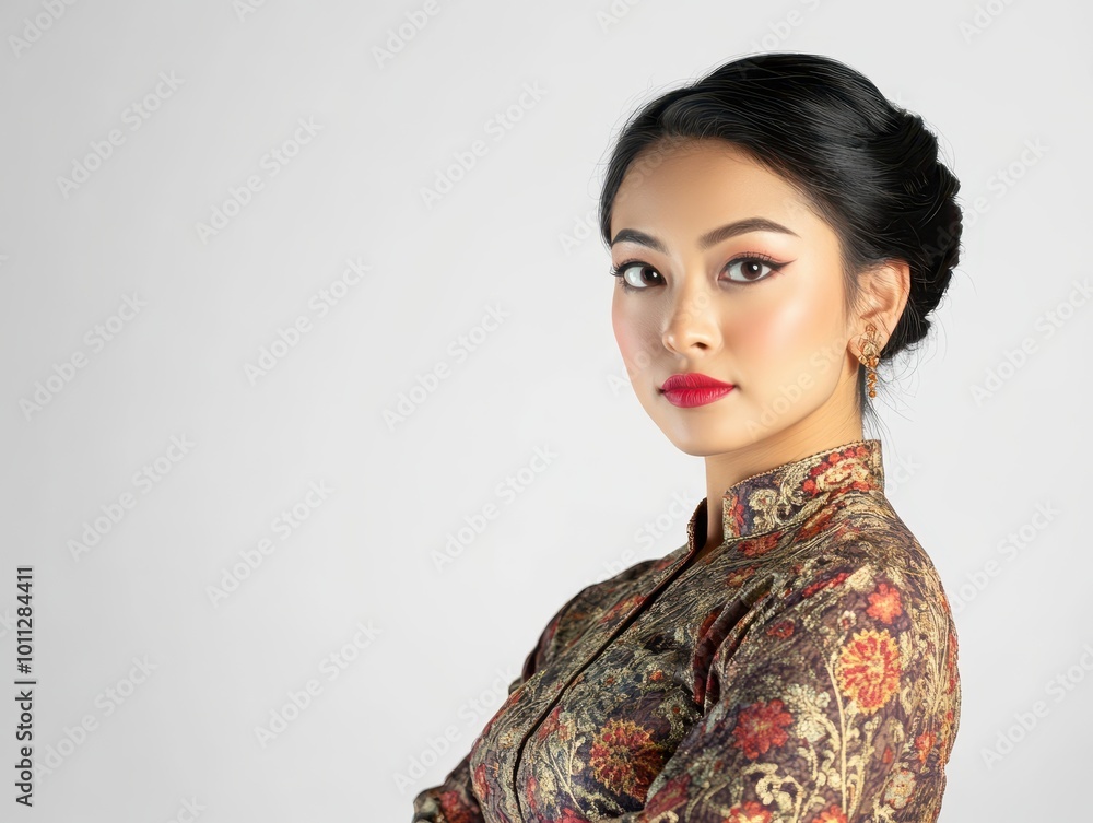 A poised Asian woman in a traditional Burmese longyi, intricate textures in the fabric, quiet elegance and cultural depth in her expression A poised Asian woman in a traditional Burmese longyi, intricate textures in the fabric, quiet elegance and cultural depth in her expression