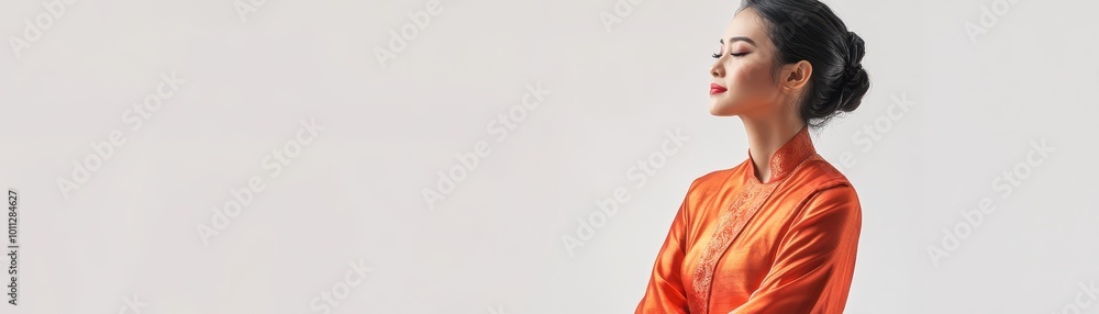 Asian woman in a traditional Thai silk dress, her calm, regal expression representing elegance and the richness of ethnic heritage Asian woman in a traditional Thai silk dress, her calm, regal expression representing elegance and the richness of ethnic heritage