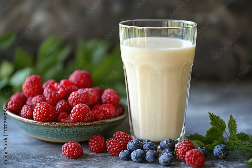 Glass of Milk with Raspberries and Blueberries Glass of Milk with Raspberries and Blueberries