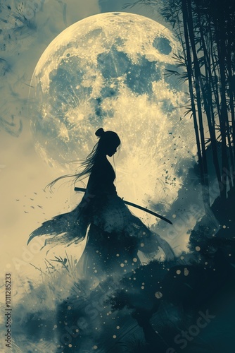 illustration A Japanese-style girl in a samurai armor, holding a katana and looking determined, with a traditional Japanese castle in the background 