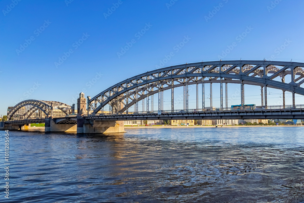 St. Petersburg, Russia, August 6 september 2024. View of the Neva River and Bolsheokhtinsky bridge St. Petersburg, Russia, August 6 september 2024. View of the Neva River and Bolsheokhtinsky bridge