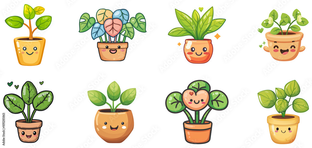 Cheerful cartoon plants in colorful pots arranged cutely. Set png isolated on transparent background Cheerful cartoon plants in colorful pots arranged cutely. Set png isolated on transparent background