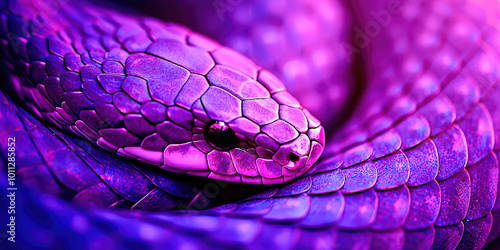 A purple snake with a pink head is curled up on the ground photo