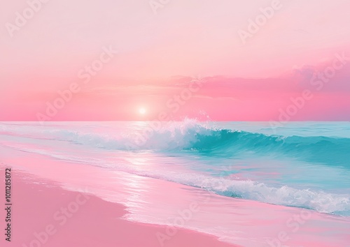 Beautiful ocean sunset with pink sky and gentle waves, evoking tranquility and peace.