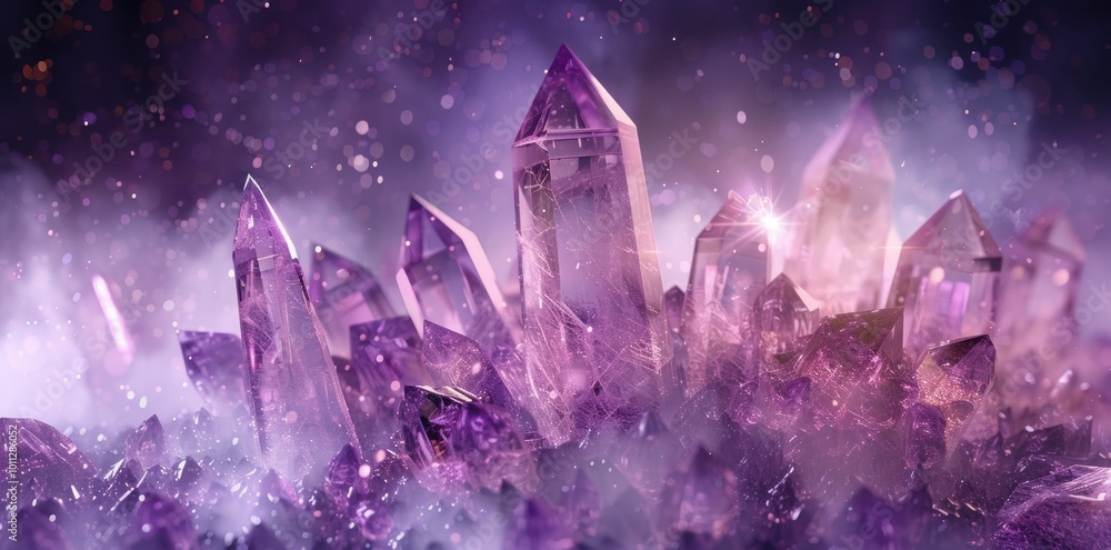 Amethyst crystals with shimmering light reflections in a mystical atmosphere, surrounded by soft purple hues and a dreamy background Ideal for magical themes Amethyst crystals with shimmering light reflections in a mystical atmosphere, surrounded by soft purple hues and a dreamy background Ideal for magical themes