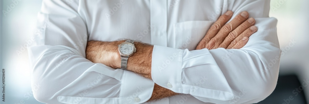 Senior Man in White Shirt With Folded Arms, Conveying Experience, Professionalism, and Confidence Senior Man in White Shirt With Folded Arms, Conveying Experience, Professionalism, and Confidence