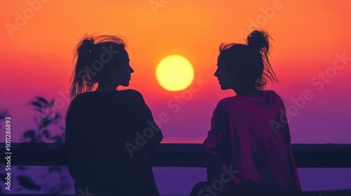 Fototapeta Naklejka Na Ścianę i Meble -  Two women silhouetted against a vibrant sunset sky, engaging in conversation.