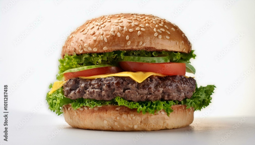 A juicy cheeseburger with a beef patty, melted cheese, lettuce, tomato, onions, and a sesame bun, showcasing a classic, delicious fast food meal isolated on a white background A juicy cheeseburger with a beef patty, melted cheese, lettuce, tomato, onions, and a sesame bun, showcasing a classic, delicious fast food meal isolated on a white background