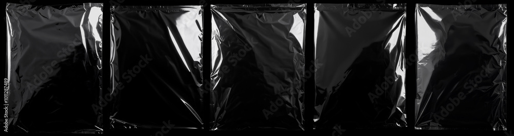 set of transparent crumpled plastic packs. surface overlay. black background.
