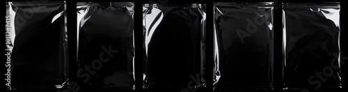 set of transparent crumpled plastic packs. surface overlay. black background.