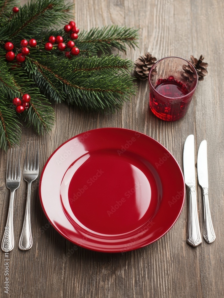 Festive Christmas Table Setting with Red Plate Silverware and Pine Branch Festive Christmas Table Setting with Red Plate Silverware and Pine Branch