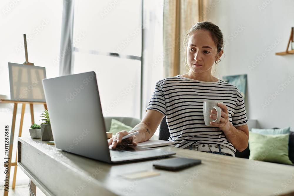 Fototapeta premium A woman with vitiligo sips coffee while working on her laptop.