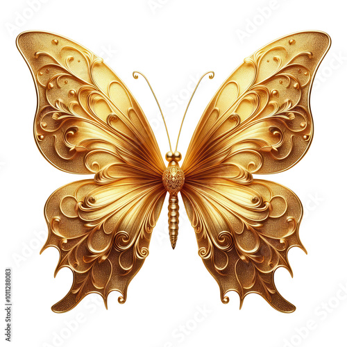 Golden butterfly with intricate, ornate detailing, Luxurious Metallic Butterfly isolated on transparent background